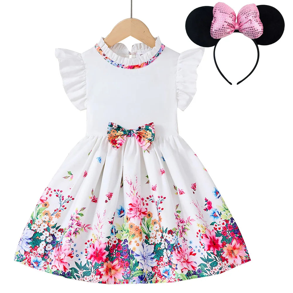 New Kids Girl Dress Summer Floral with Bow Fashion White Vestidos Short Sleeve Children Clothing Outfits Casual Daily Dresses