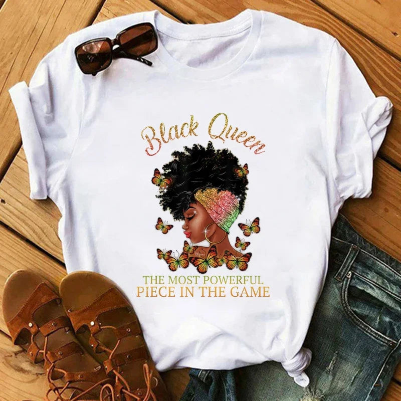 Fashion Print T-shirt Kawaii Melanin T Shirt Women Funny Black African Curly Hair Girl Graphic Tees Aesthetic Tshirt Female