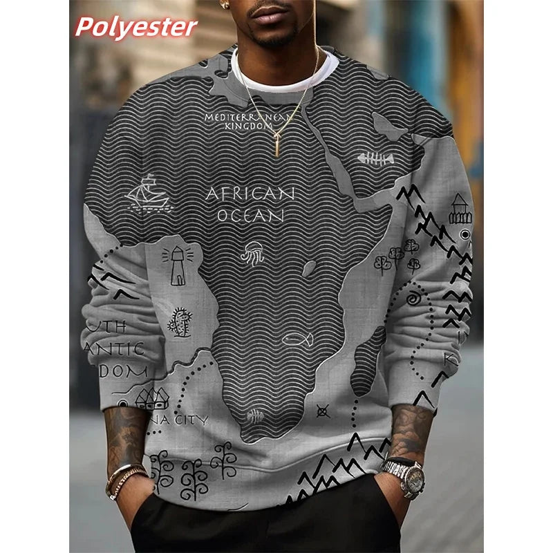 African Ocean Pattern Hoodie For Men Africa Map 3D Printed Pullover Autumn Long Sleeve Loose Round Neck Hoodies Sweatshirt Tops