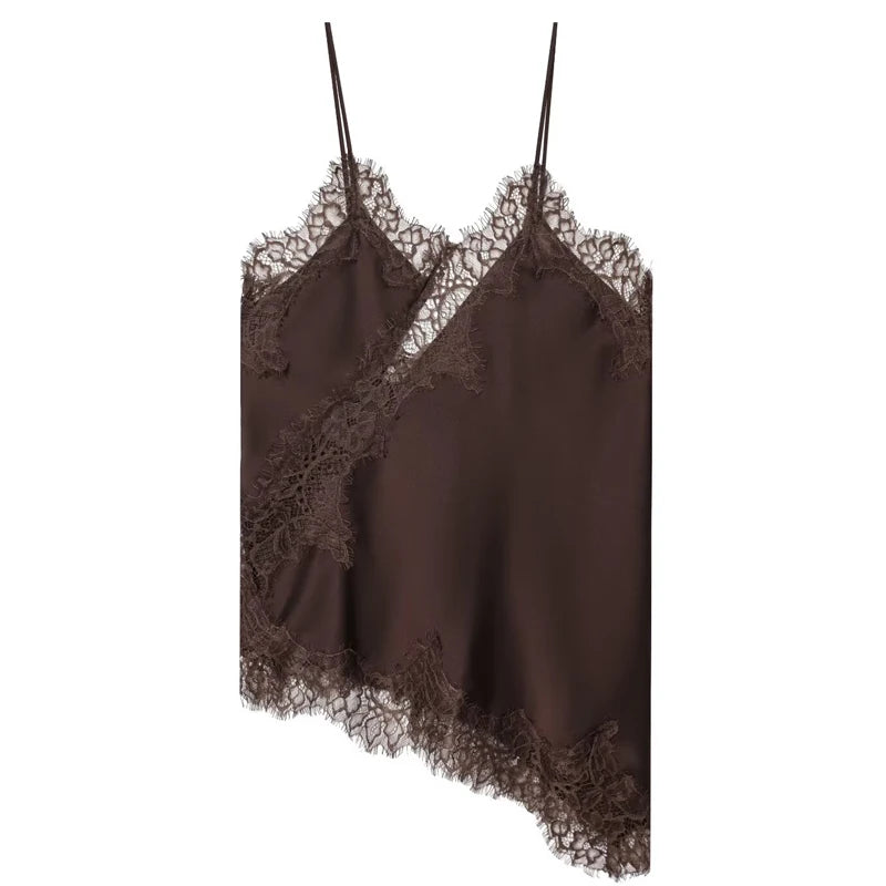 HXAO Lace Asymmetrical Top Women Tanks & Camis Summer 2025 Black Slip Sleeveless Top Ladies y2k Backless Off Shoulder Camisole