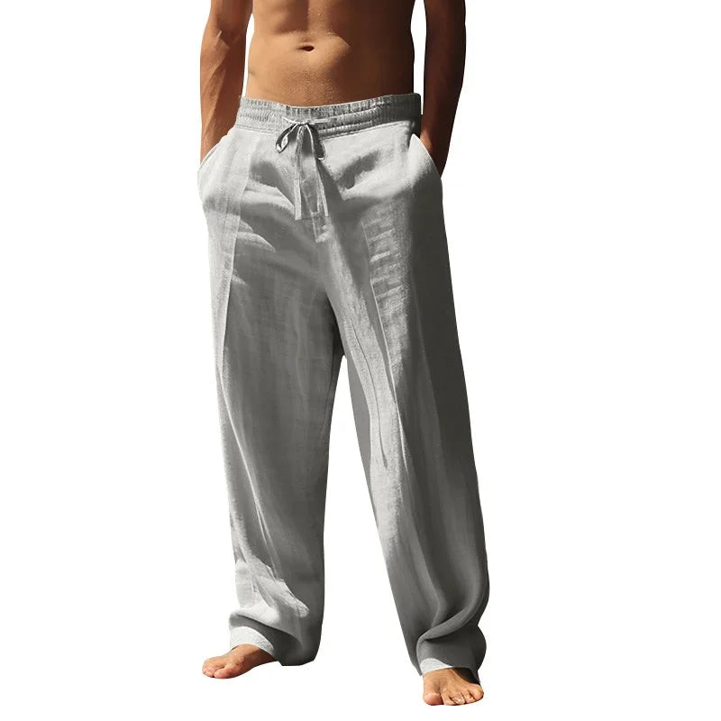 Cotton linen men's pants 2025 summer new loose casual pants high waisted breathable plus size Haren pants slimming wide trousers