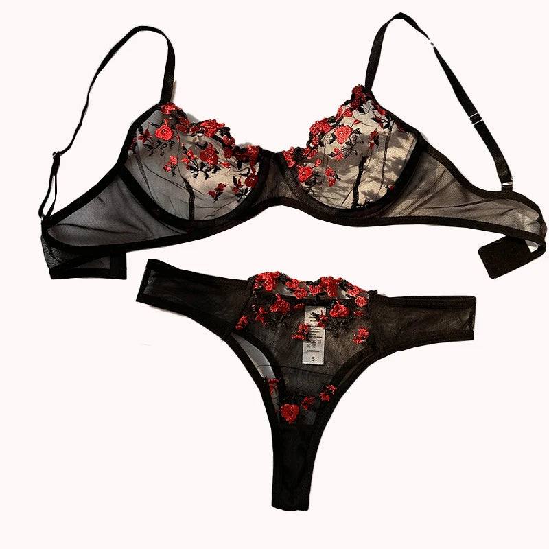 Sexy Underwear For Women Transparent Embroidered Small Flowers Bra Hot Lingerie Panties Intimates Woman Two Piece Set Clothing