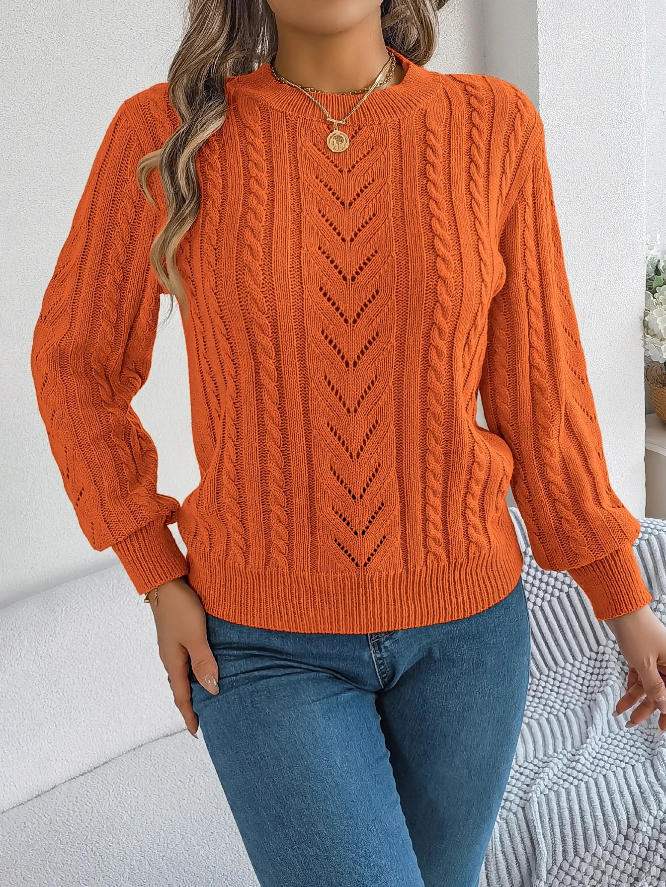Autumn and Winter Casual Solid Color O-Neck Hollow Out Long Sleeved Pullover Sweater BAZAARHUBO