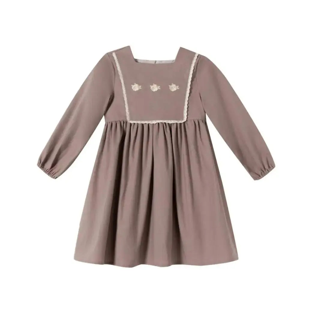 Kids Cotton Linen Clothes Sister Matching Outfits Flower Embroidery Dress With Lace Clothing For Autumn Spring