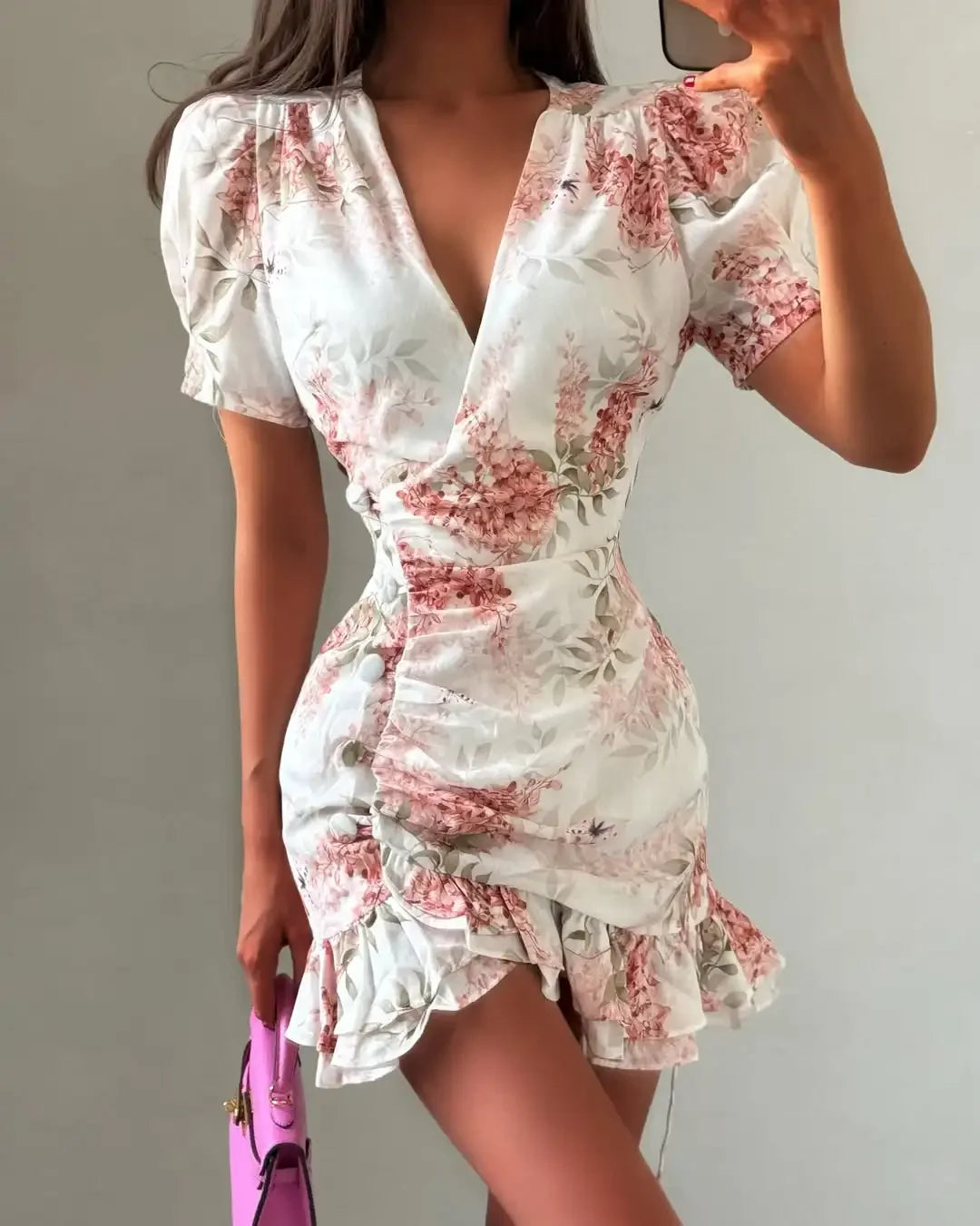 Lady Solid Satin Mini Dress Women Short Sleeve Stand Collar Patchwork Ruffle Draped Dresses Party Dinner Vestido 2026 Elegant