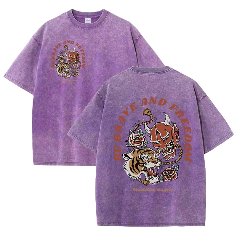 Tigers Est 1985 Sport Print Washed Women T-Shirt Summer Casual Retro T Shirts Snow Wash Tee Top Loose Unisex Retro Streetwear