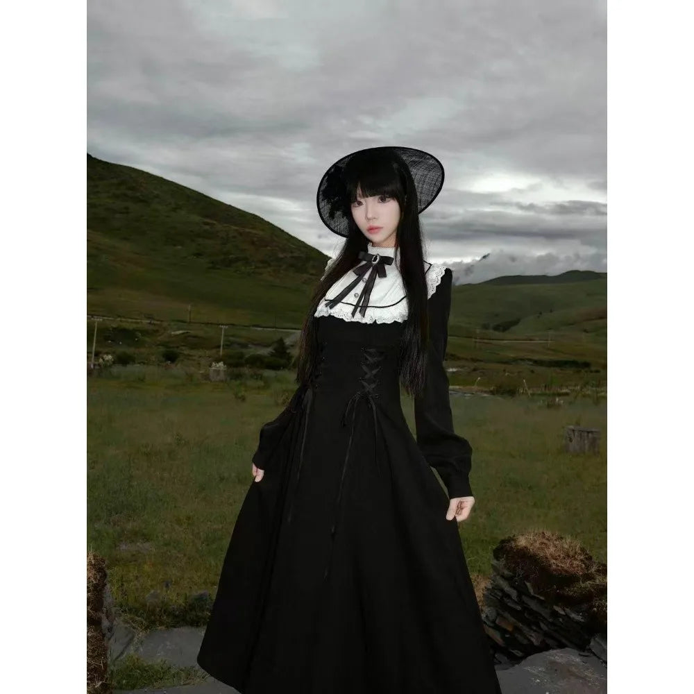 Gothic Vintage Lace Y2k Mini Dress Women Design Streetwear Black Lolita Slim Dress Long Sleeve Elegant Dress Spicy Girls