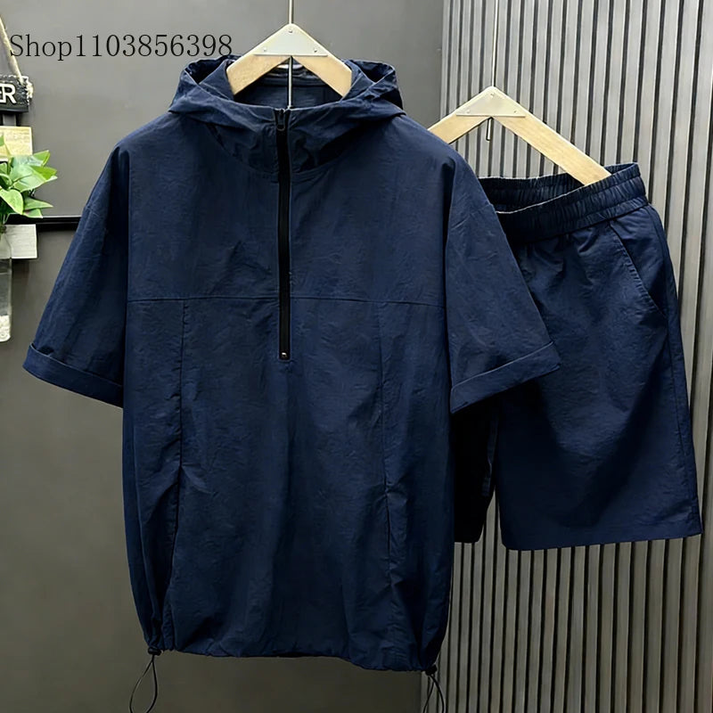Casual Hooded Suit Mens Summer Workwear Thin Loose Fashion Couple Short Sleeve Waistcoat Shorts 2 Piece Set Male Cargo Tracksuit