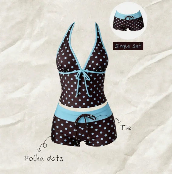 Summer Beach Swim Outfits Women Halter V-Neck 2-Piece Tankini Tie Camisole Top Slim Contrast Waistband Seaside Pool Suits