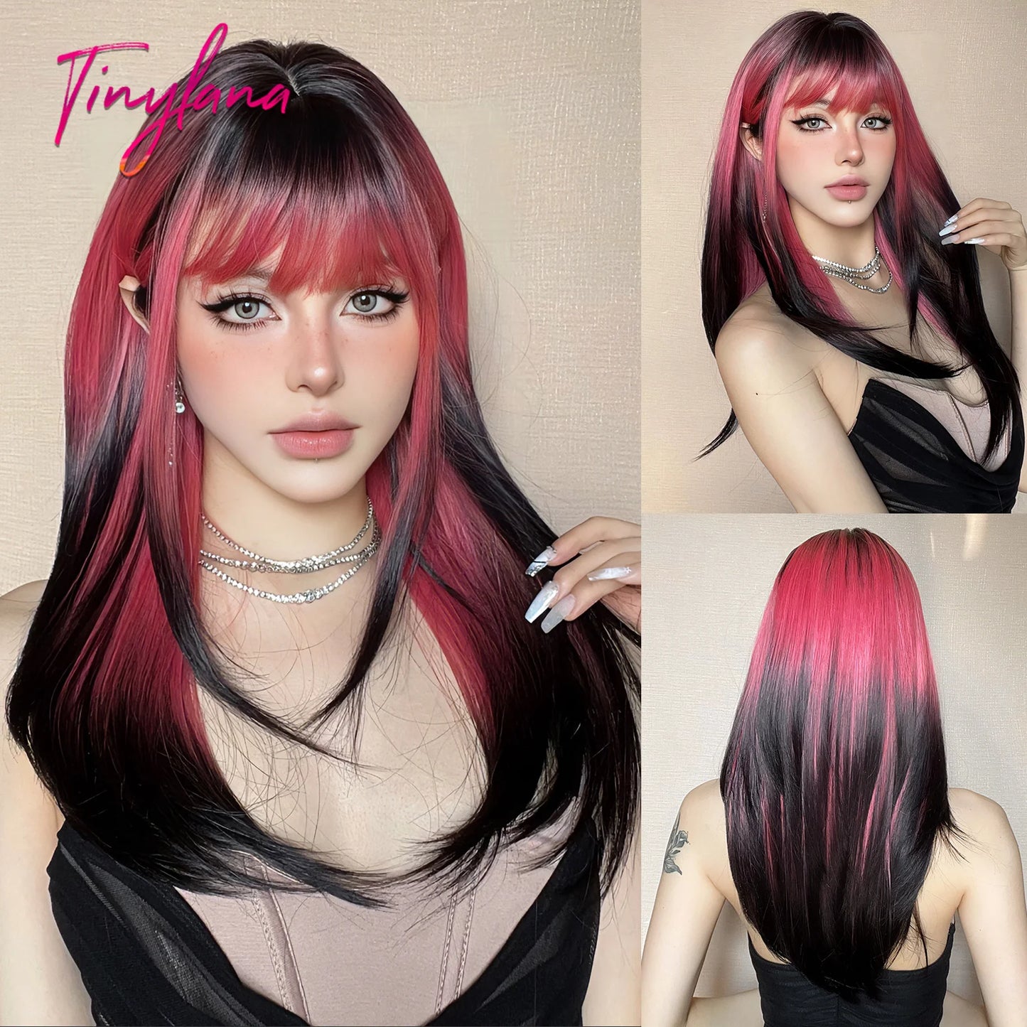 Dark Brown Black Synthetic Wigs Long Straight Layered Wig with Bangs Cosplay Party for Women Afro Natural Heat Resistant Hair