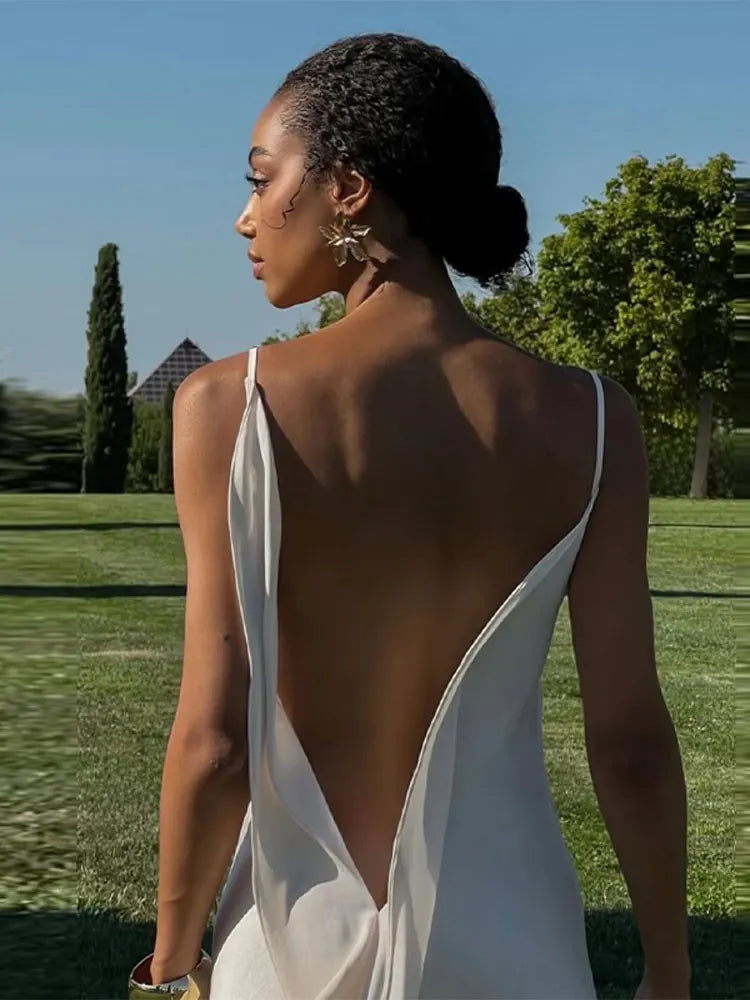 Women's Elegant Satin V Neck Long Dress Sleeveless Backless High Fork Robes Vacation Beach Maxi Vestidos 2026 New Lady Dresses