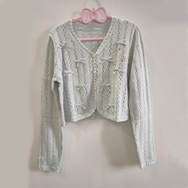 Sweet Knitted Cardigans Women Hand Crochet Bows Decoration Heart Hollow Out Sweaters for Kawaii Girls