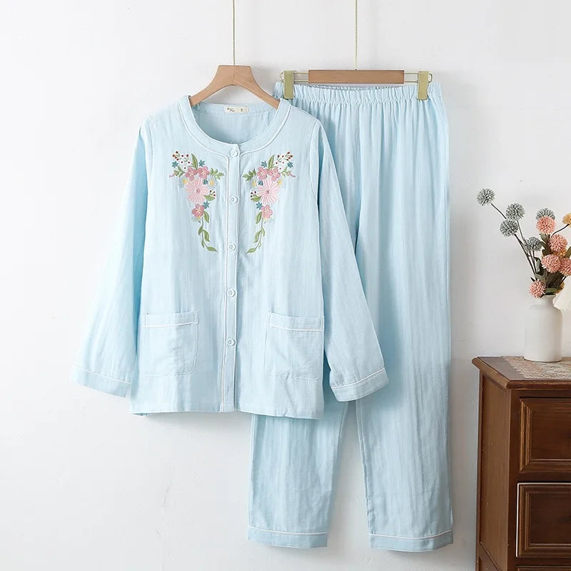 Women 100%Cotton Pajama Style Sleepwear Nightwear embroidery Summer Women's Short Sleeved Long Pants Cardigan Pajama Set