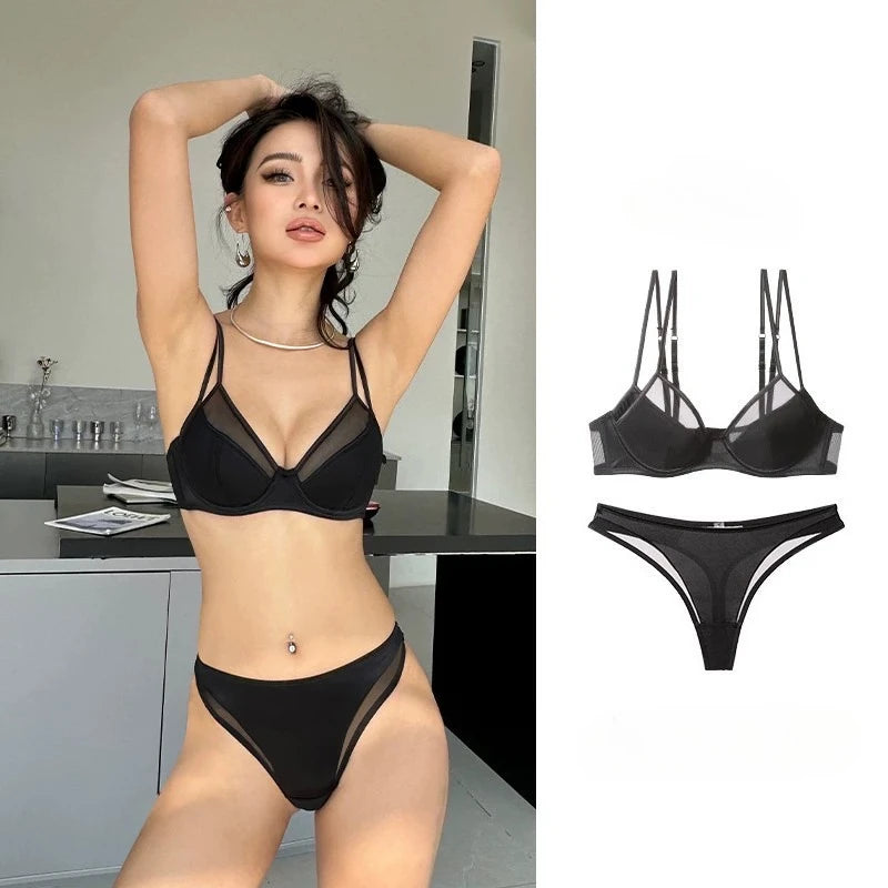 Deep V Push-Up Brief Sets French Bra Thin Sexy Double Shoulder Straps Upper Collection Side Breast Anti-sagging Daily Bra Set