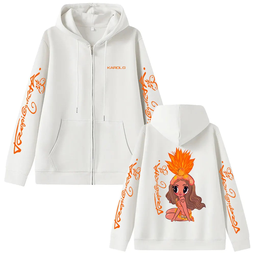 Karol G Tropicoqueta 2025 Zipper Hoodie Men Women Fashion Pop Music Zip Up Jacket Coat Unisex Casual Oversized Zip Up Sweatshirt