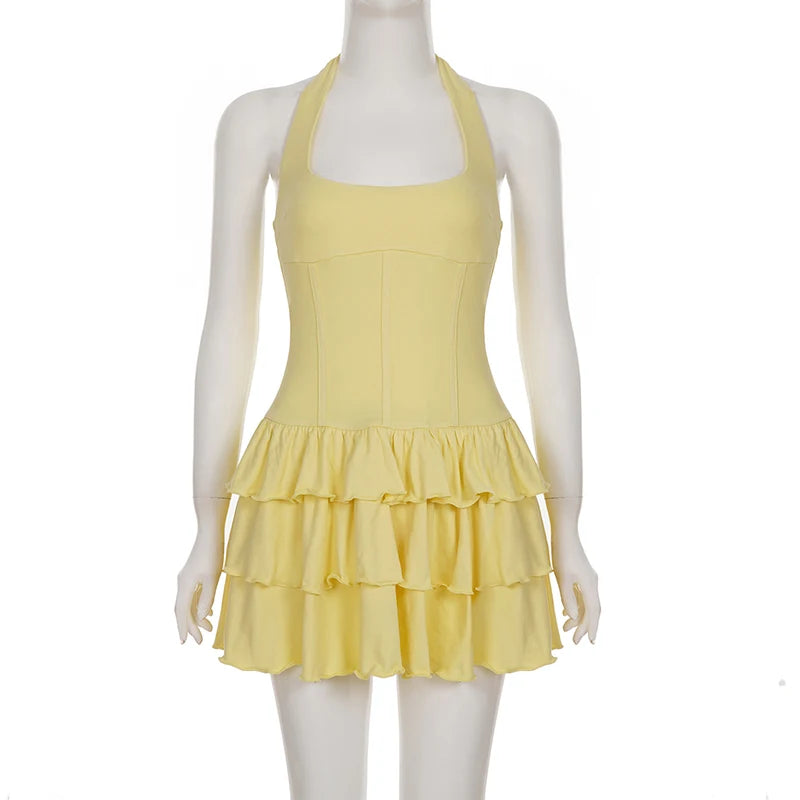 Vacation Halter Mini Dress For Women Solid High Waist Puffy Dress Ruffled Splice Fashion Sexy Slim Dress 2025 Summer New