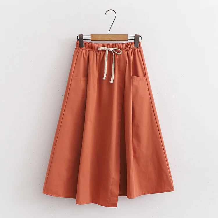 Elegant Vintage Women Skirt Summer Korean Style Solid Elastic High Waist Midi Long Skirt With Belt Female Office Ladies Wear