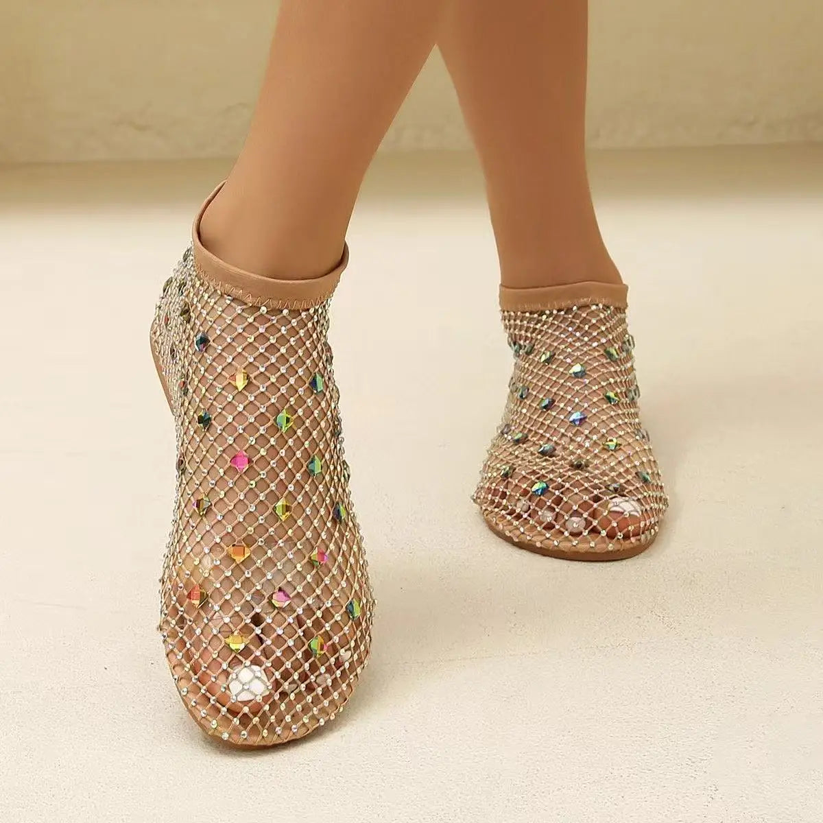 Summer Women's New Round Toe Flat Bottom Sandals Hollow Short Boots Water Diamond Sexy Flat Bottom Fashion Banquet Sandals