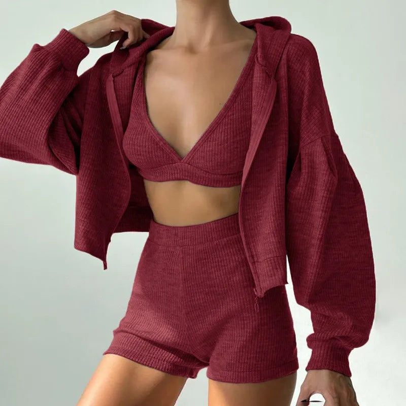 Three Pieces Clothing Sets Ladies Sport Casual Zipper Hooded Jackets+Tank Tops+Elastic Waist Shorts Women Tracksuits
