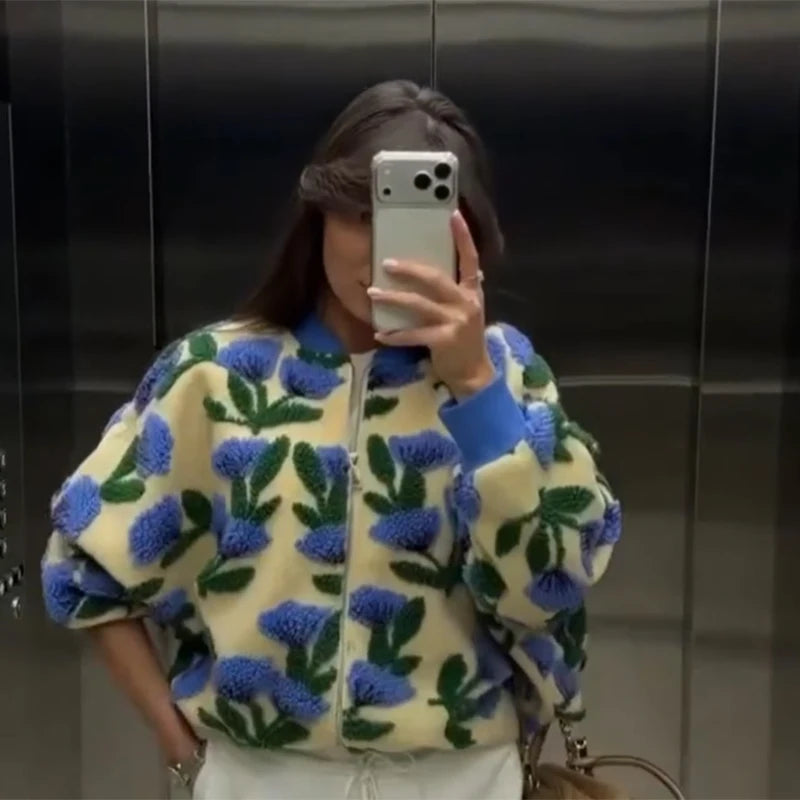 Cute Dreamy Flower Plush Bomber Jackets Chic Oversized Long Sleeves Zip Up Fleece Coat 2026 Casual High Street Women's Clothes