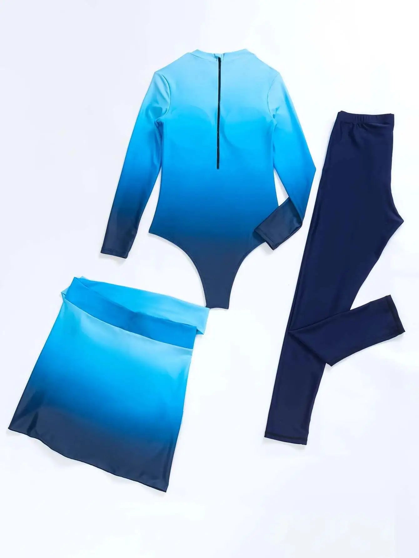 New burkini Femmes Muslim Womens Swimwear Three-piece Gradient Blue Long Sleeved Trousers Sunblock Swimwear Summer Beach Wear