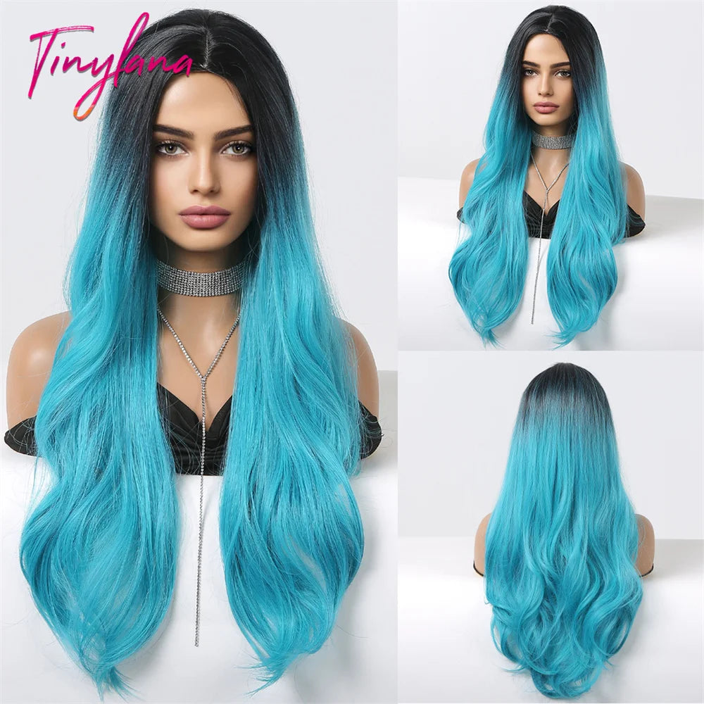 Long Wavy Silver Ash Ombre Cosplay Synthetic Wigs Natural Curly Gray Black Hair Wig with Bangs for Women Afro Heat Resistant