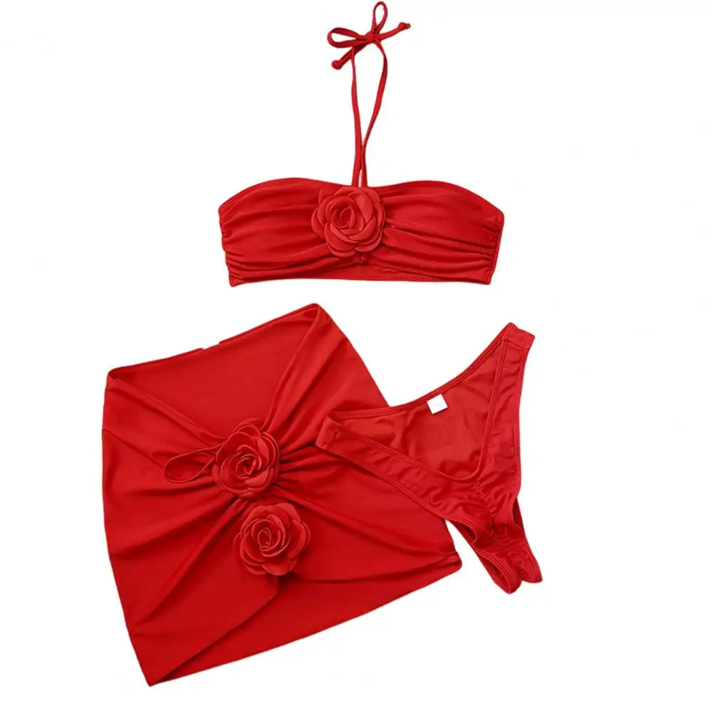 3Pcs/Set Women Summer Bikini Set 3D Rose Flower Decor Halter Bandeau Pleated Bra Swimming Trunks Overskirt Set Swimsuit 수영복 세트