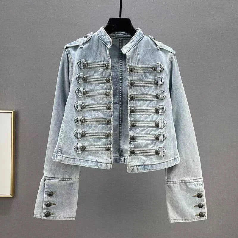 Spring Autumn Vintage Blue Slim Short Jeans Jacket Women Stand Collar Multi-breasted Design Long Sleeve Denim Jacket Streetwear