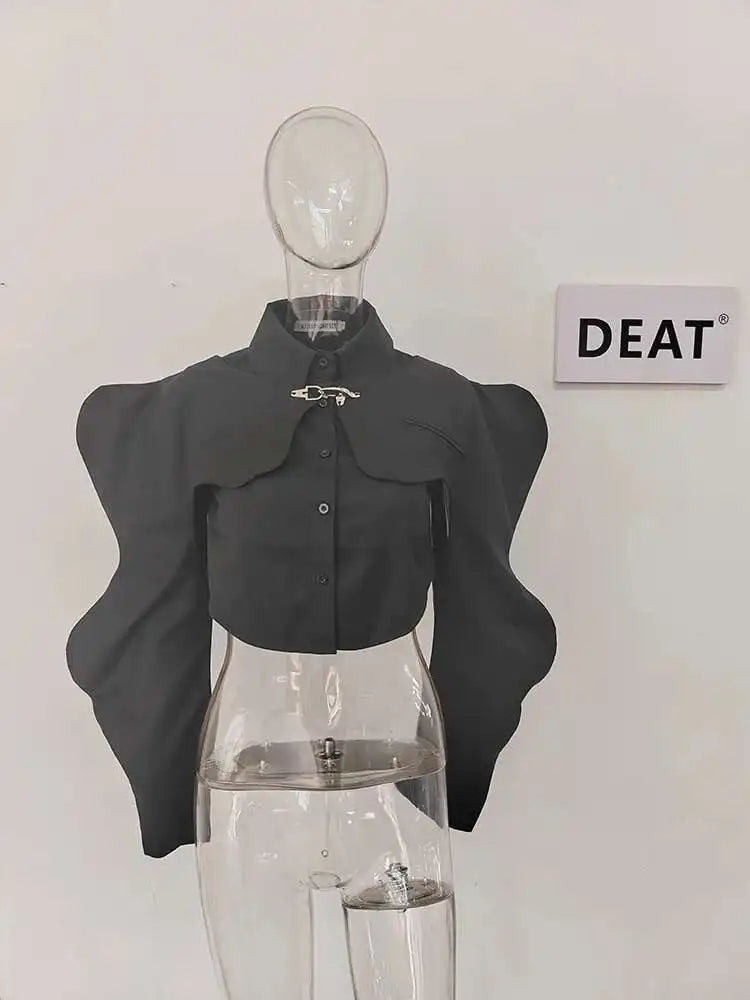 DEAT Casual Fashion Women's Shirt Lapel Sleeves Petal Sleeve Metal Button Solid Color Two Pieces Blouse Female Autumn 2025 WV333