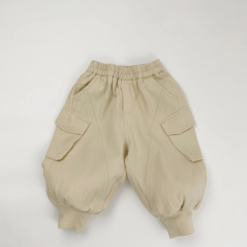 1-7 Y Kids Casual Pants 2026 Spring New Arrivals Korean Style Loose-Fit Cuffed Ankle Cargo Pants with Pockets for Boys and Girl