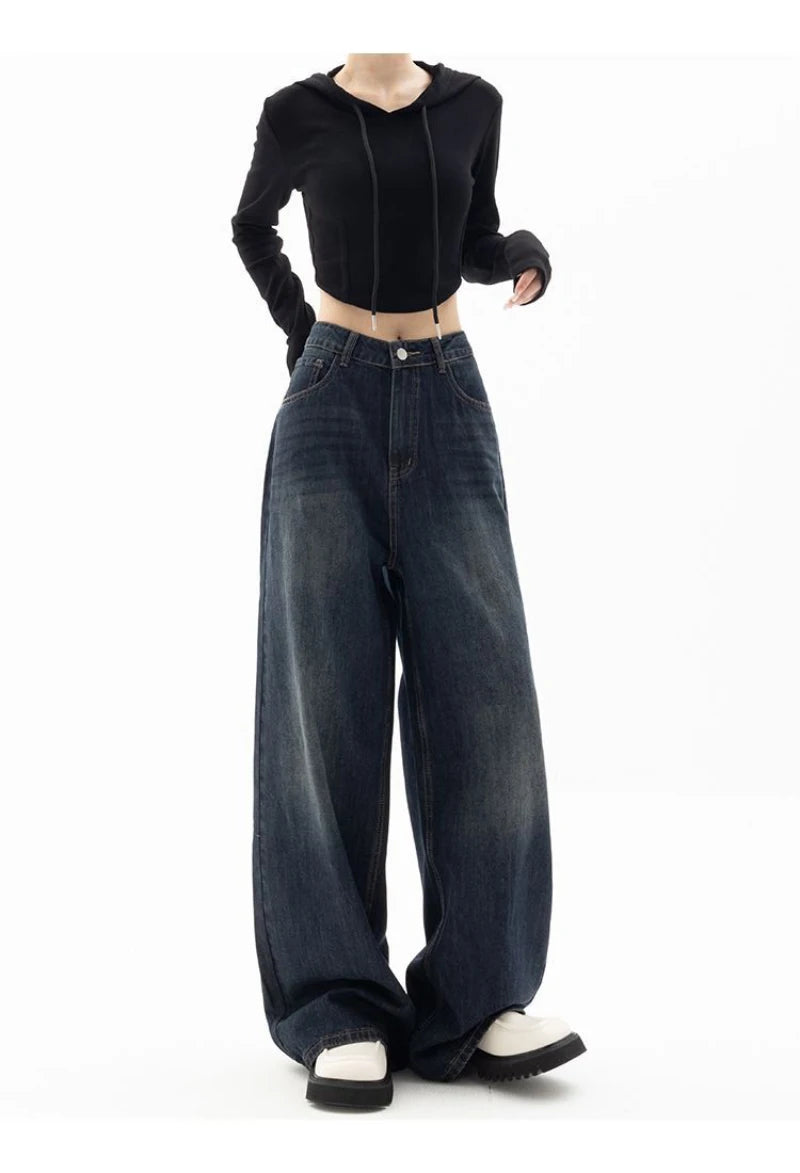 Women's Retro Street Style High-Waisted Wide Leg Pants Floor-Length Niche Design Loose Fit Slimming Jeans