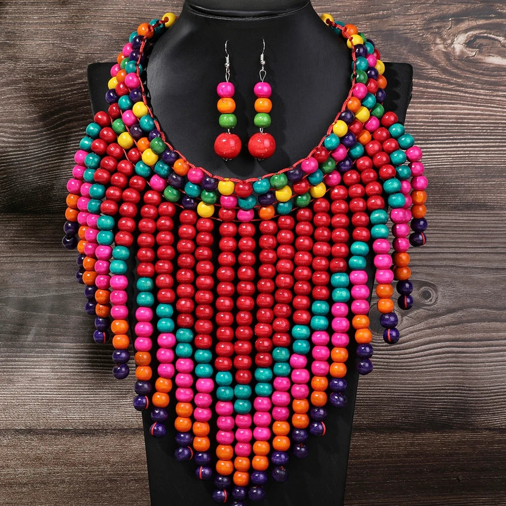 African Ethnic Colorful Wooden Bead Handmade Woven Bib Necklace And Earring Jewelry Set For Women's Vacation Accessories