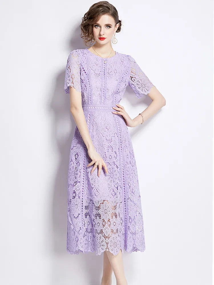 SMTHMA Vintage High-End O-Neck Short Sleeve Lace Hollow Out Dress For Women's Summer Slim Elegant Long Dress Female Clothing