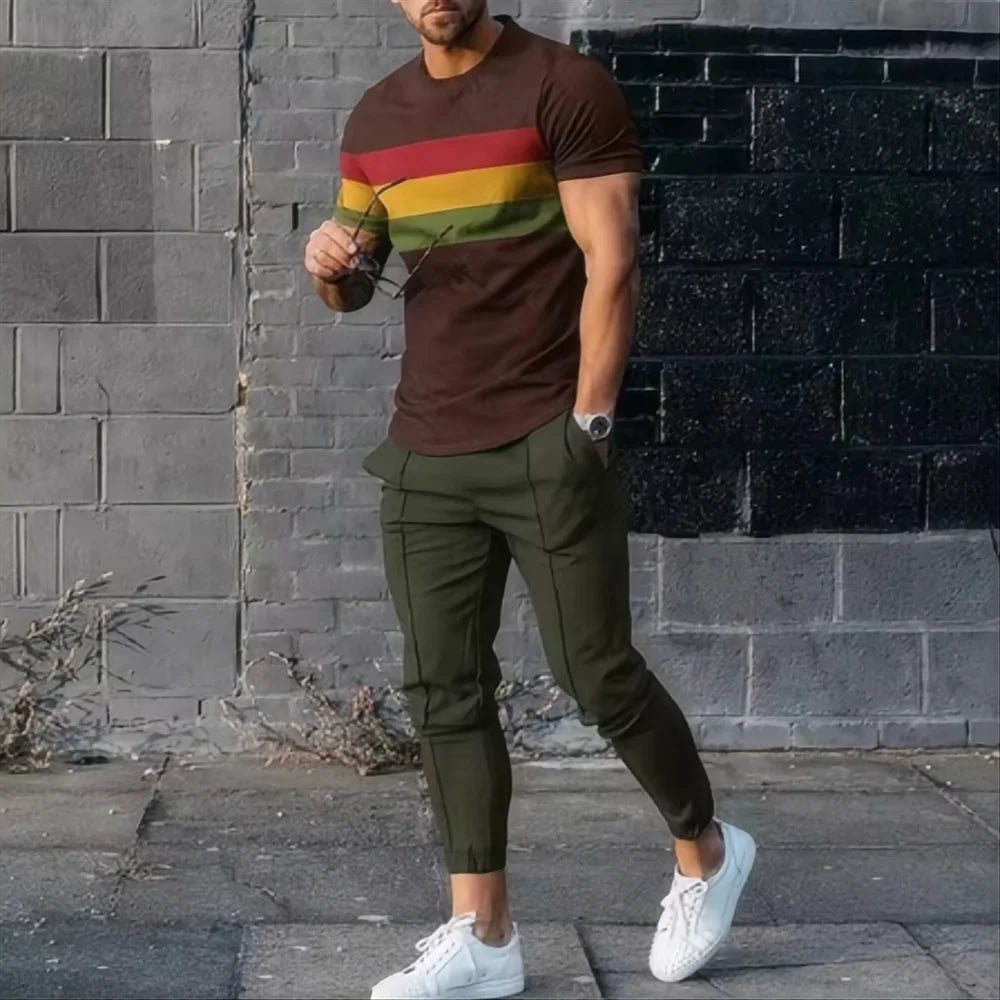 Men's sports set 2-piece jogging suit 3D printed summer fashion new style fun smile short sleeved men's T-shirt+pants