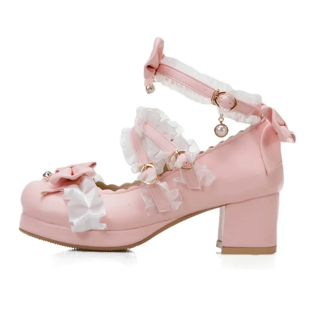2025 Women High Heels Cross Strap Mary Jane Pumps Party Wedding White Pink Black Ruffles Bow Princess Cosplay Lolita Shoes 41