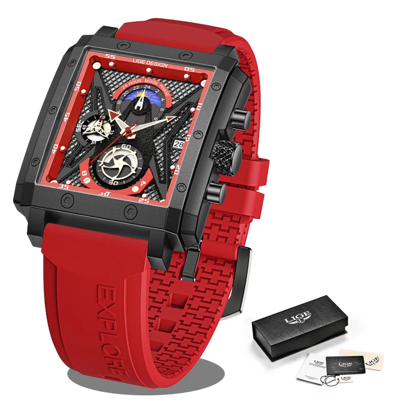 LIGE New Fashion Mens Watches Top Brand Luxury Silicone Quartz Watch For Men Waterproof Chronograph 24 Hour Moon Phase Clock+Box
