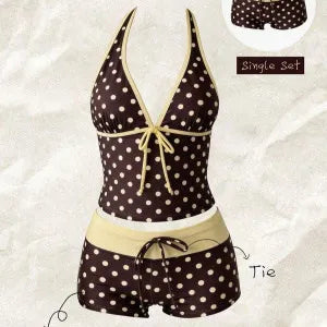 V-Neck Beach Style Bikini Swimwears Women 2-Piece Tankini Suits Halter Tie Cami Top Bodycon Contrast Waistband Swim Beachwear