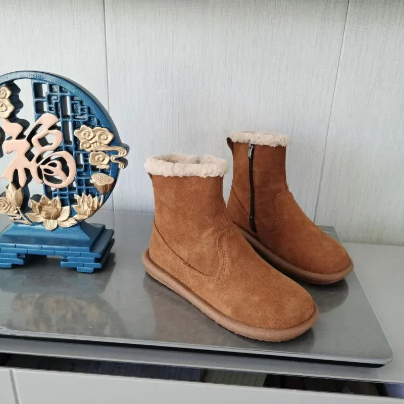 Careaymade-Genuine cow leather Snow cotton round head flats woolen short boots plush warm snow boots Oversized shoes size 35-43