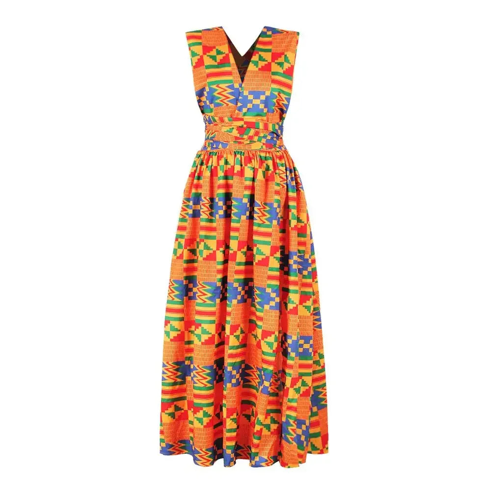 African National Sexy Sleeveless Women Dress Fashion Off Back Print Lady Party Dresses Vintage Casual Long Dress Africa Clothing