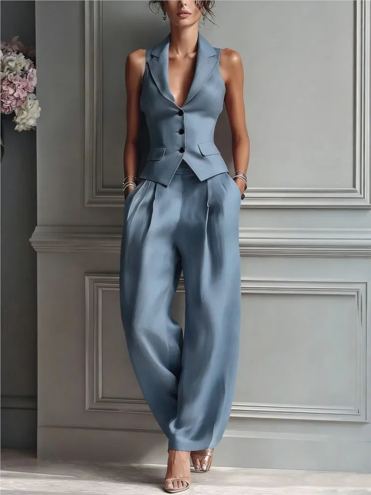 Summer New Fashion Single-breasted Sleeveless Top + Trousers 2-piece Set Women's 2026 Slim Vest Suit Collar Trousers Office Suit