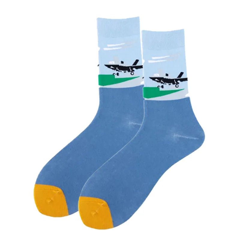 New Fighter Jet Fighter Carrier Aircraft Pattern Socks for Aviation Enthusiasts Stealth Men Crazy Party Crew Socks Cotton