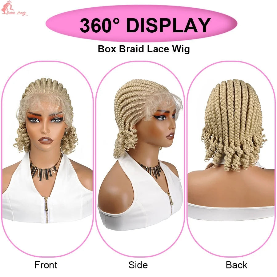Short Bob Cornrow Braided Wigs Synthetic Full Lace Braids Wigs With Curly End For Black Women Handmade Knotless Box Braiding Wig
