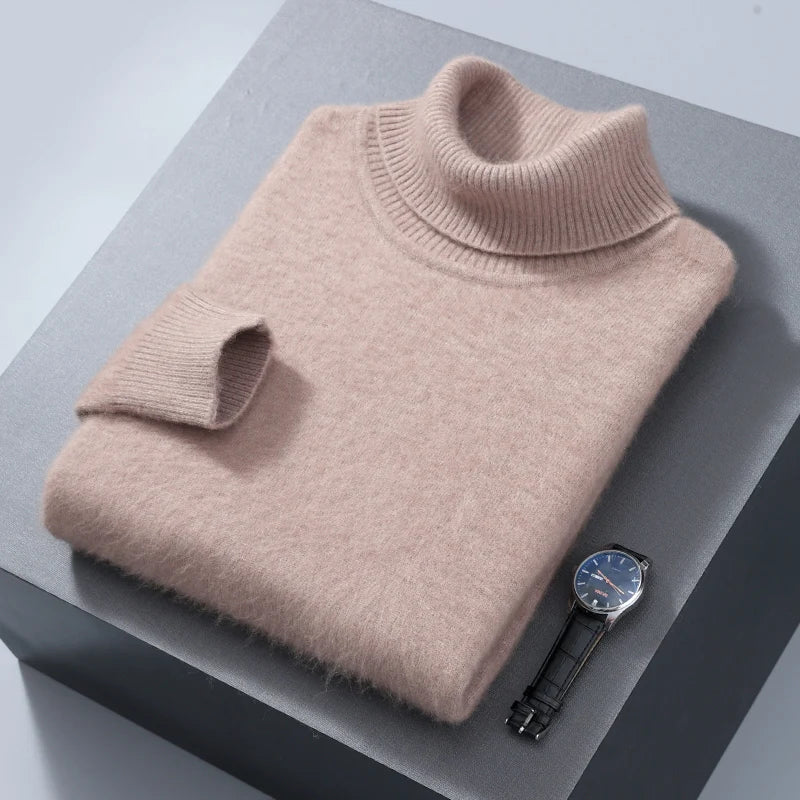 Men's 100% Mink Cashmere Sweater High Lapel Thick Knitted Pullover Casual Large Size Middle-Aged Sweater Autumn Winter New Tops