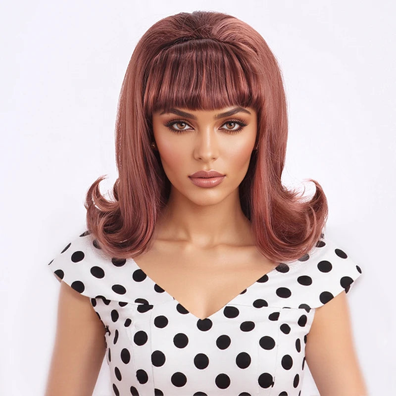 Synthetic A 14-inch black vintage period women's short straight wig with flat bangs is perfect for everyday holiday parties