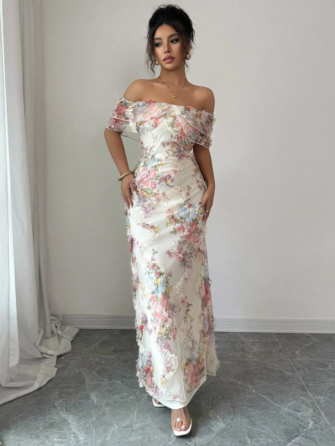 Women's Dresses Elegant and Romantic Ruffled Dress Ladies Sexy Off-the-Shoulder Fitted Mesh Floral Dress Party Gown for Female