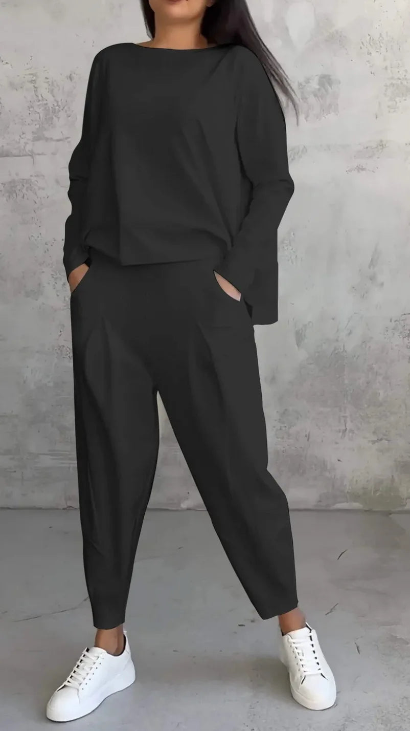 Tracksuits Women's Trousers Suit O-neck Long Sleeve Loose T-shirt Solid Color Trousers Pocket Simple 2-piece Set Loungewear