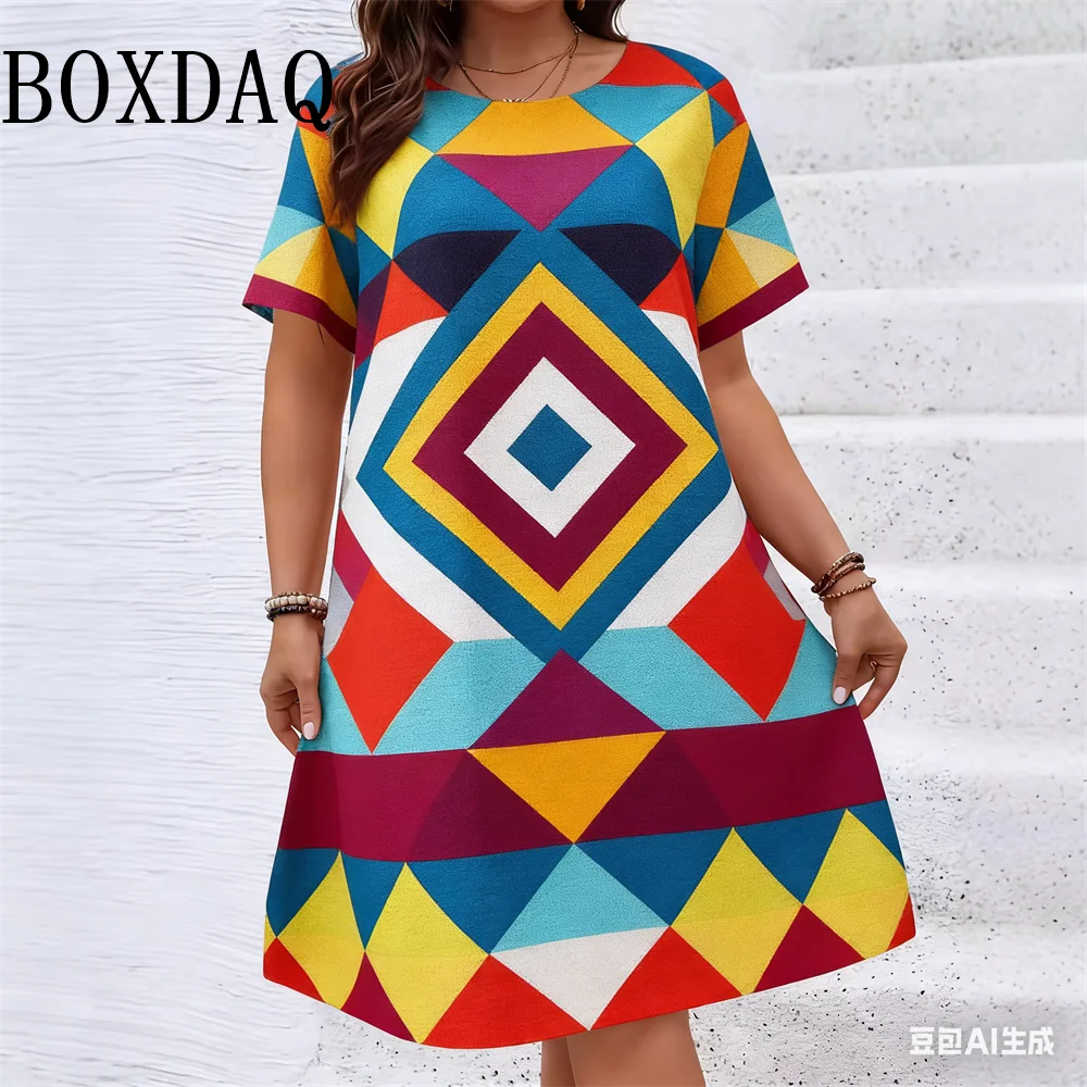 Ethnic Style Pattern Geometry Flower Dresses For Women 2026 Summer Fashion Plus Size Short Sleeve Print Dress Casual Retro Loose