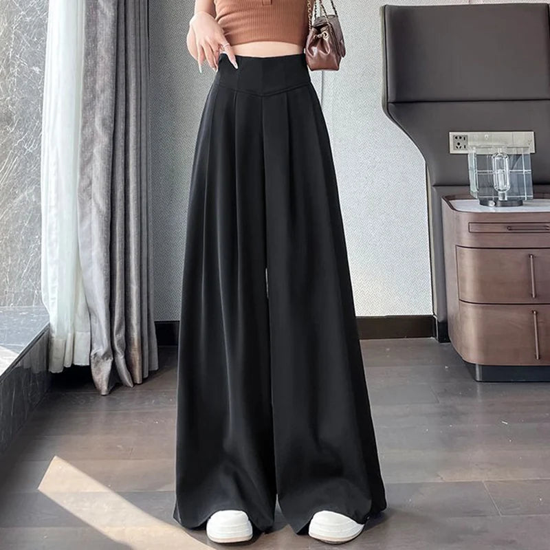 Lady Korean Solid High Waist Pants Girls Fashion Wide Leg Suit Trousers Women Slim Fit Comfortable Daily Slacks BAZAARHUBO