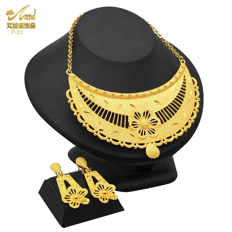 Fashion Ethiopia Dubai Women's Jewelry Set African Wedding Jewelry Necklace Bracelet Earring Ring Set Party Gifts Wholesale