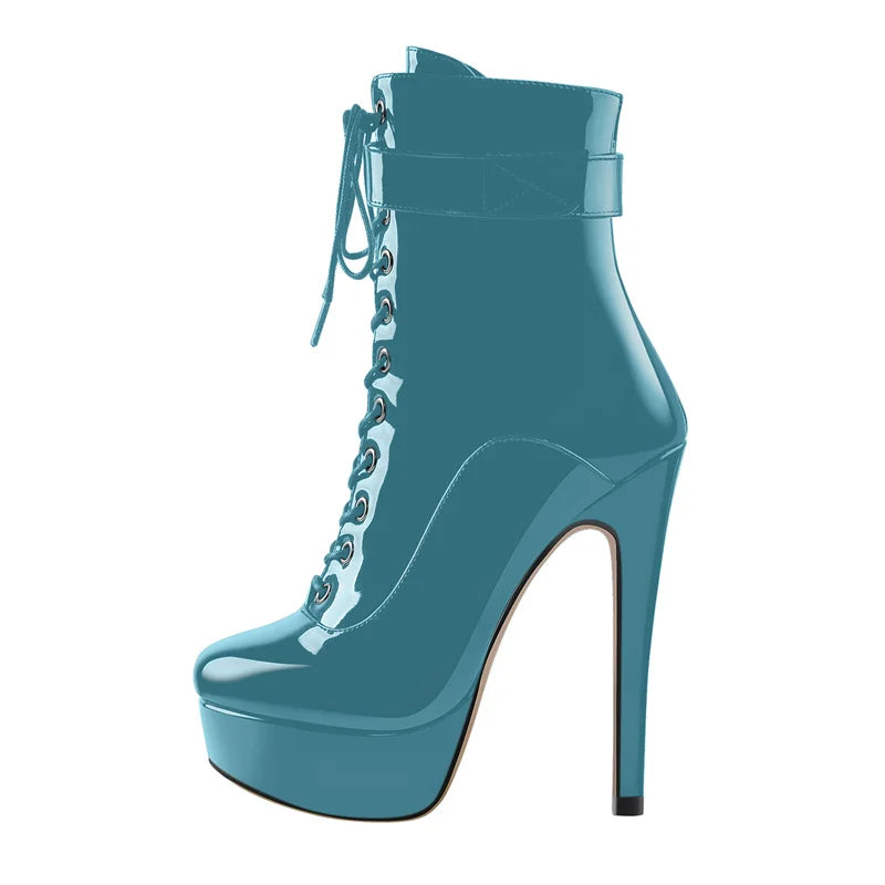 Onlymaker Women Platform Ankle Booties Patent Leather Thin High Heels Lace Up Size Zip Winter Warm Zipper Boots Shoes